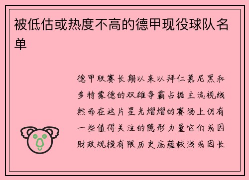 被低估或热度不高的德甲现役球队名单